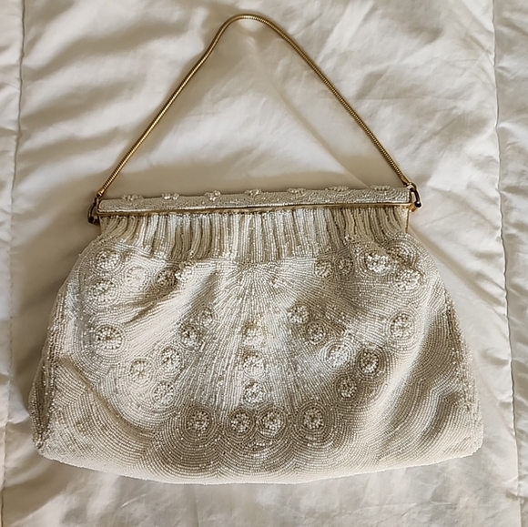 Morabito Vintage glass micro beaded Bag Lined in red Silk. Made In France. - Picture 15 of 16